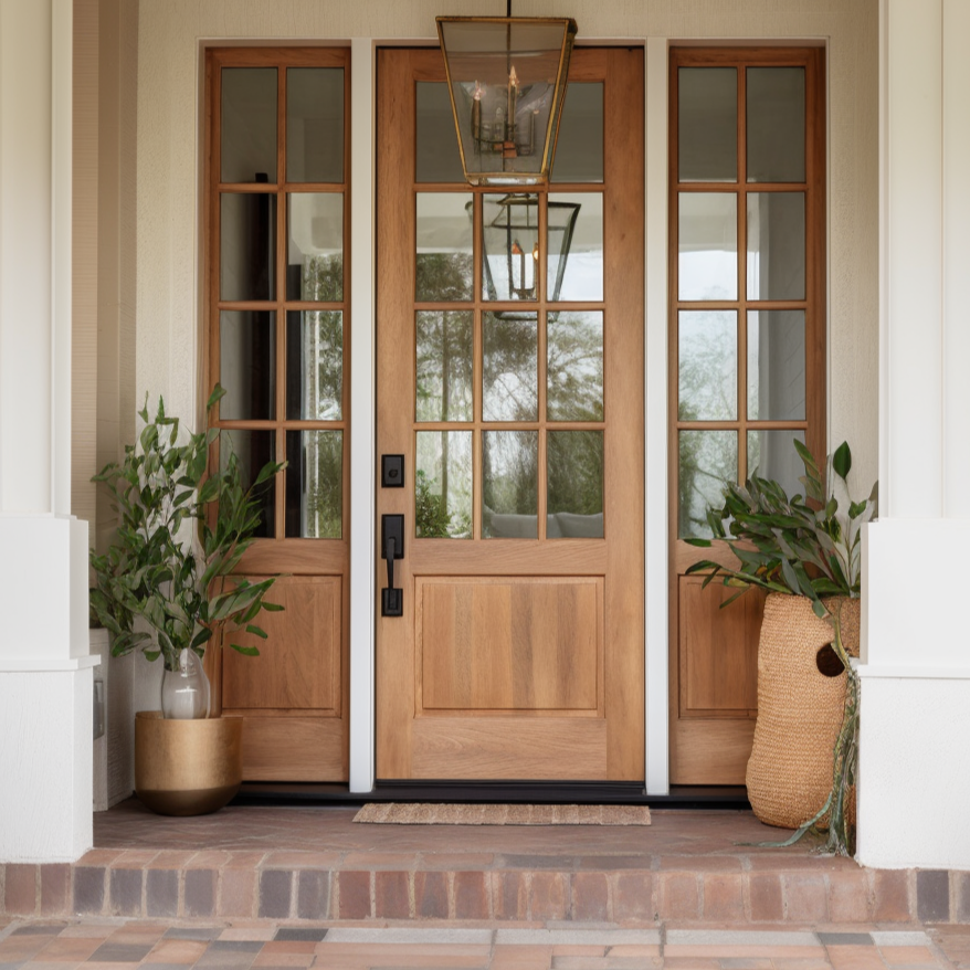 Handcrafted Oak and Glass Front Exterior Door with Side Lights, Grid, Honey Color, Brick pathway, columns