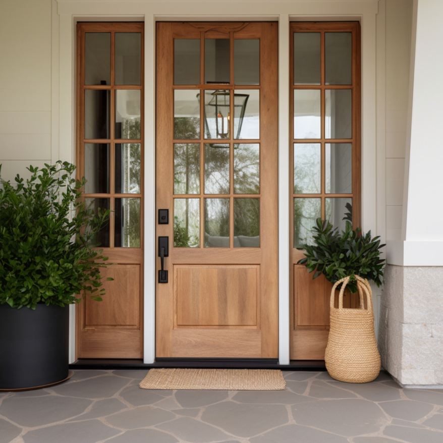 Handcrafted Oak and Glass Front Exterior Door with Side Lights, Grid, Honey Color Cobble Path