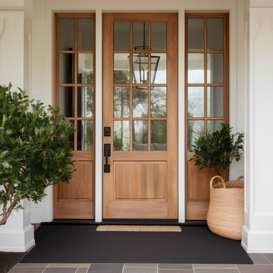 Handcrafted Oak and Glass Front Exterior Door with Side Lights, Grid, Honey Color