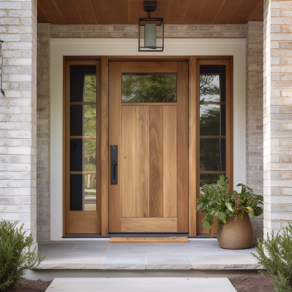 front door gives your home character, in the style of precisionist lines, natural minimalism, captures the essence of nature, prairiecore, organic simplicity, cottagepunk, polished craftsmanship, solid walnut, handcrafted door, custom, made in american