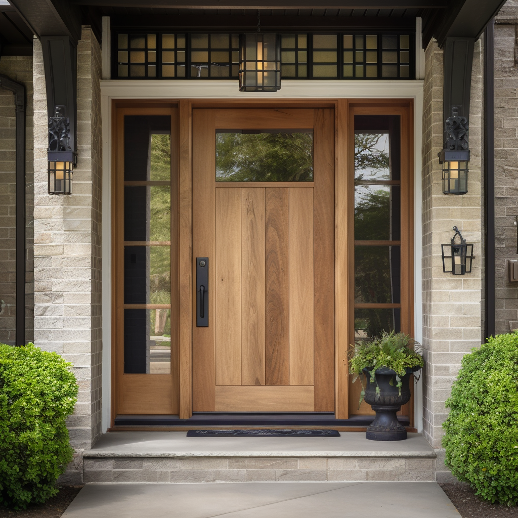 solid walnut handcrafted custom door on a home, in the style of varying wood grains, naturalistic lighting, prairiecore, light-filled scenes, handcrafted beauty, clear edge definition, provia