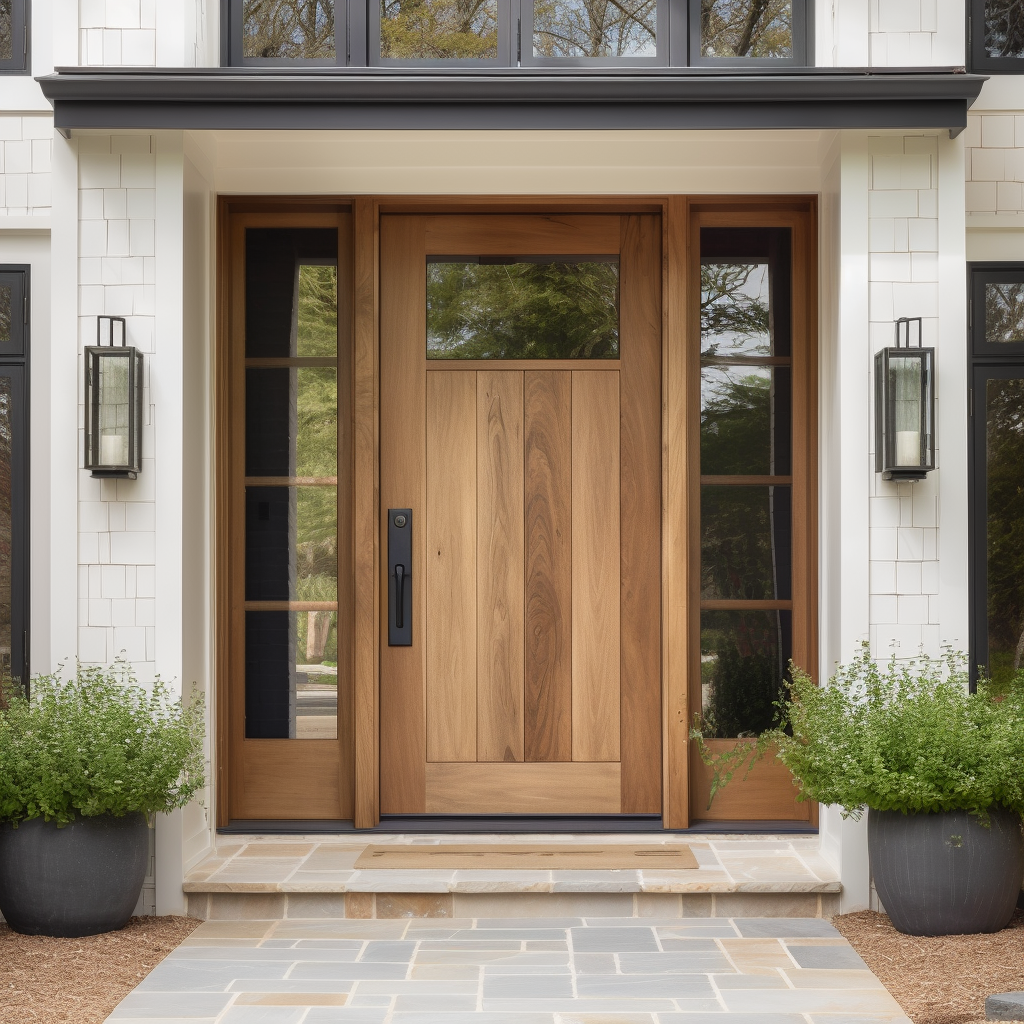 solid walnut handcrafted custom front door of a home with glass doors is wood, in the style of american tonalist, precisionist lines and shapes, varying wood grains, 32k uhd, serene simplicity, southern countryside, monochrome palette