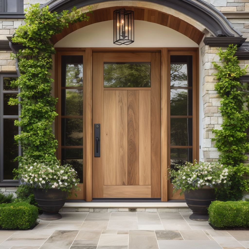 an elegant handcrafted custom usa made walnut door entrance with large potted plants and wood front door, arches porch entryway,in the style of precisionist lines, traditional techniques reimagined, smooth surfaces, timeless elegance, handcrafted beauty, prairiecore, 32k uhd