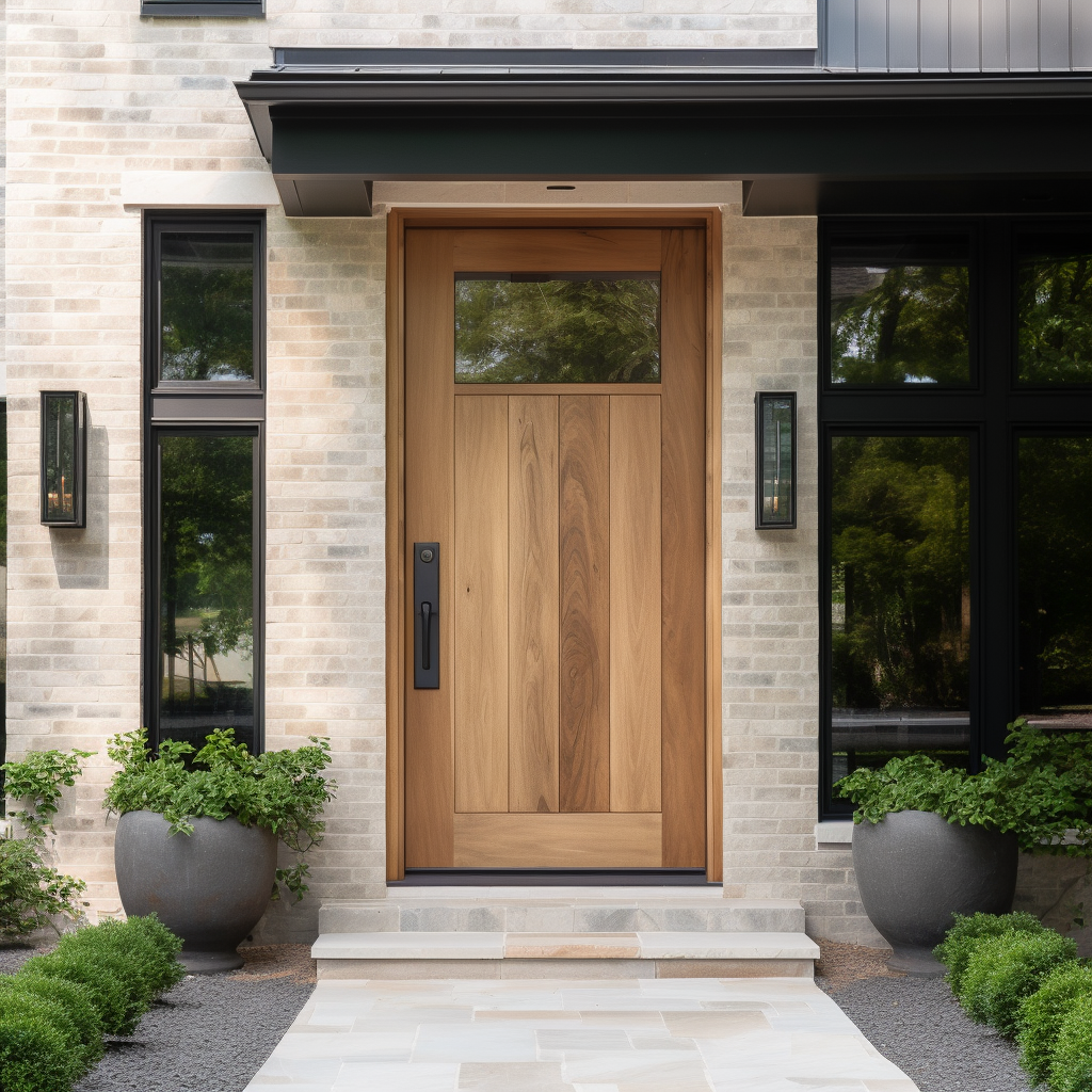 a modern walnut handcrafted wood door with black exterior trim soffit fascia, in the style of precisionist lines and shapes, outdoor scenes, prairiecore, captures the essence of nature, timeless elegance, natural lighting, packed with hidden details