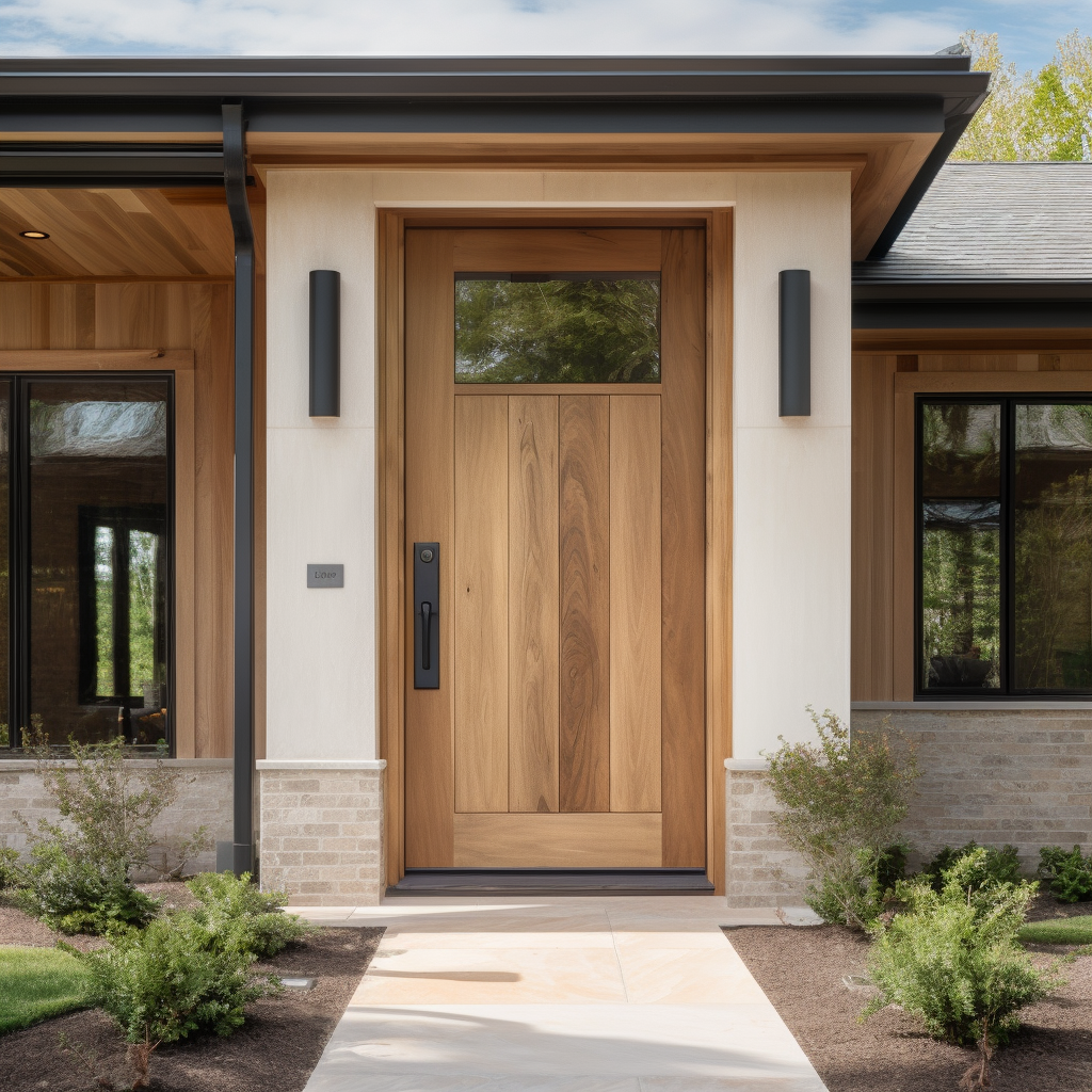 modern exterior door crafted from walnut wood, in the style of precisionist style, french countryside, 32k uhd, light brown and black, light-filled scenes, prairiecore, rim light, custom made in america usa craftsman