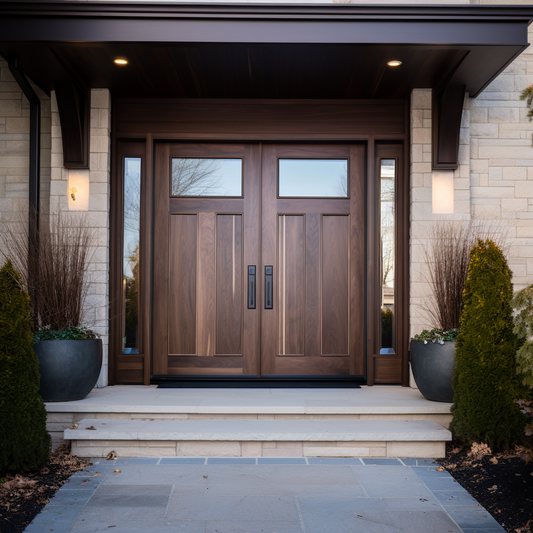 Double exterior walnut solid wood customizable bespoke handcrafted front doors with glass. Pictured with sidelights on a limestone house.