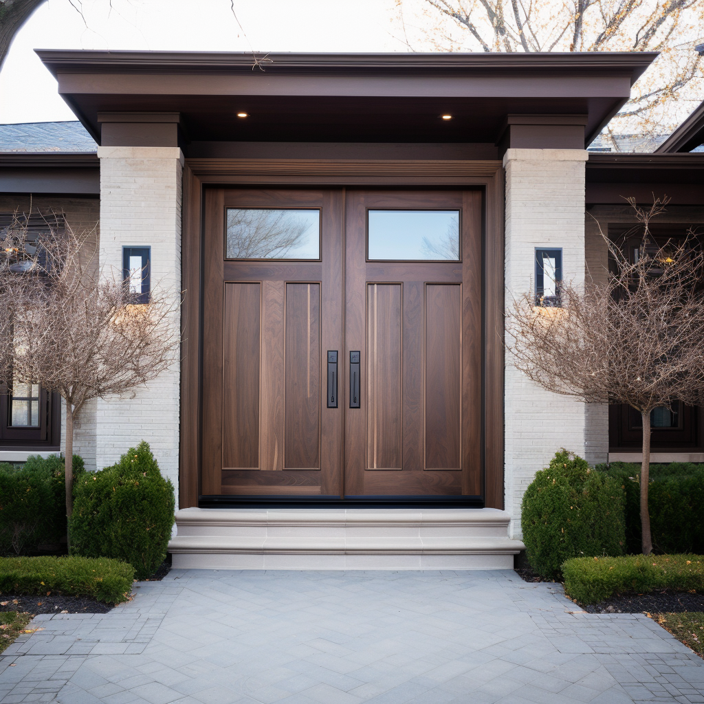 Double exterior walnut solid wood customizable bespoke handcrafted front doors with glass. Pictured on a white washed stone country club home.