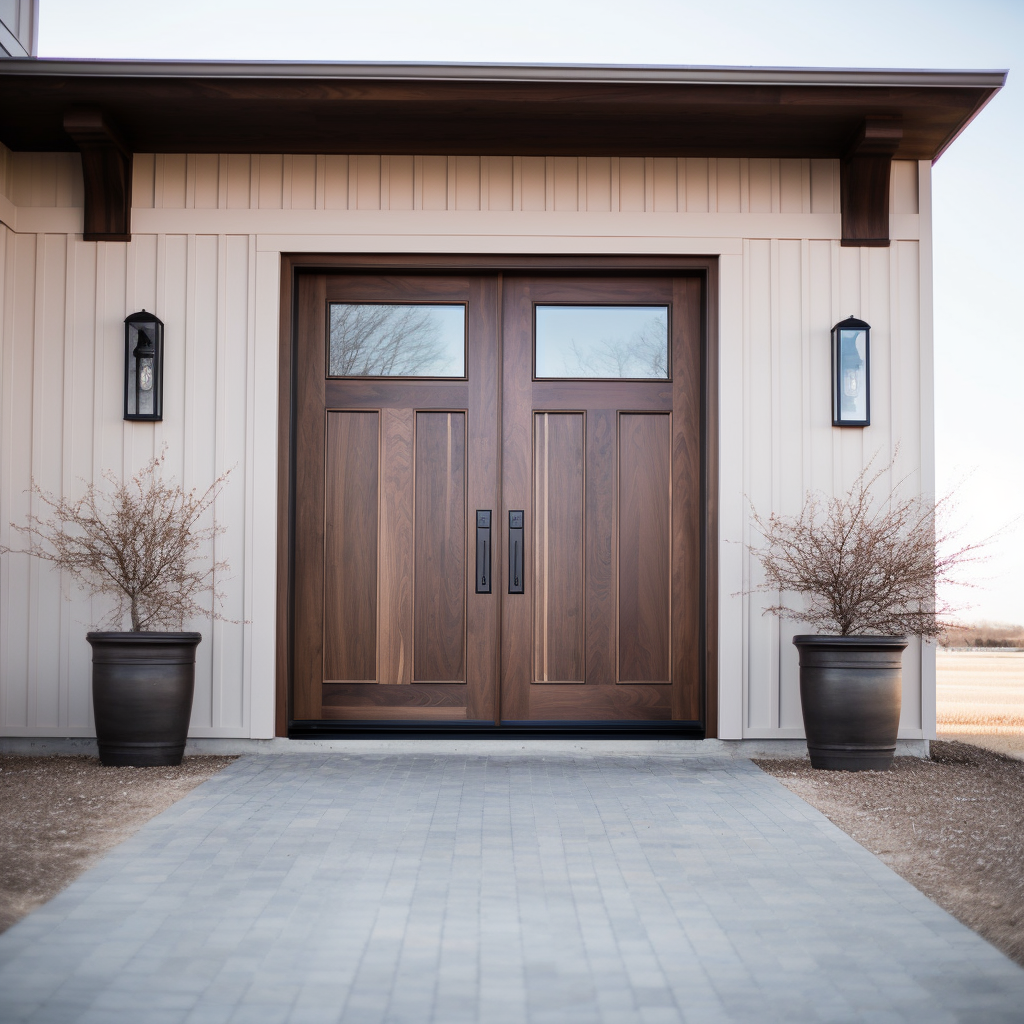 Double exterior walnut solid wood customizable bespoke handcrafted front doors with glass. Pictured on a a board and batten home.