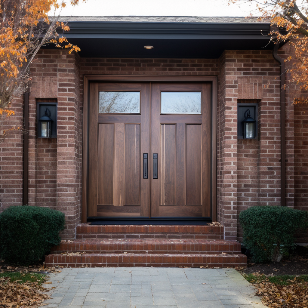 Double exterior walnut solid wood customizable bespoke handcrafted front doors with glass. Pictured on a classic red brick home.