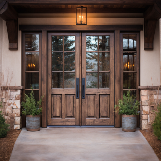 a front door with a light fixture and potted plants, in the style of 32k uhd, timber frame construction, mountainous vistas, clear edge definition, brown, american barbizon school