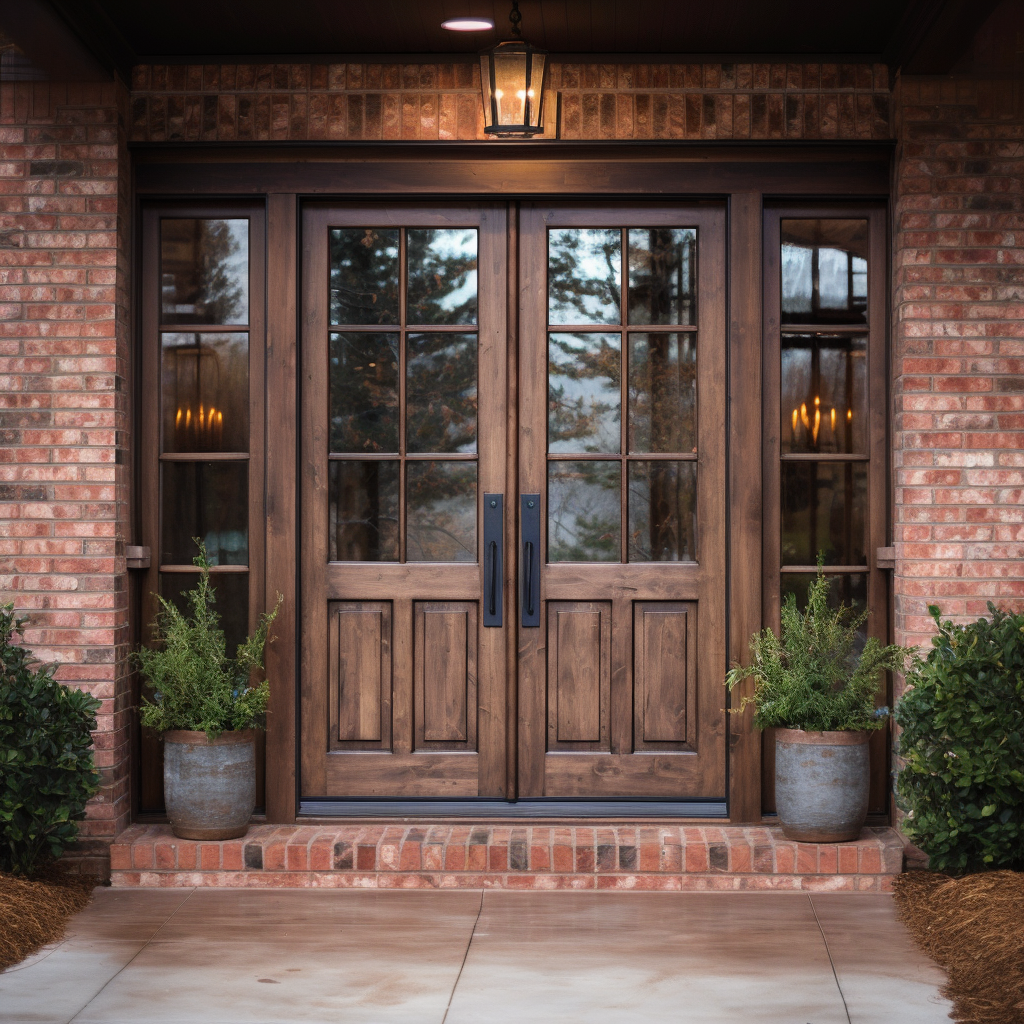 an alder handcrafred custom solid wood double door with wooden coffered ceiling, in the style of rustic americana, clear edge definition, outdoor scenes, traditional techniques reimagined, uhd image, subtle lighting, bronze patina, sidelight, sidelite, red brick