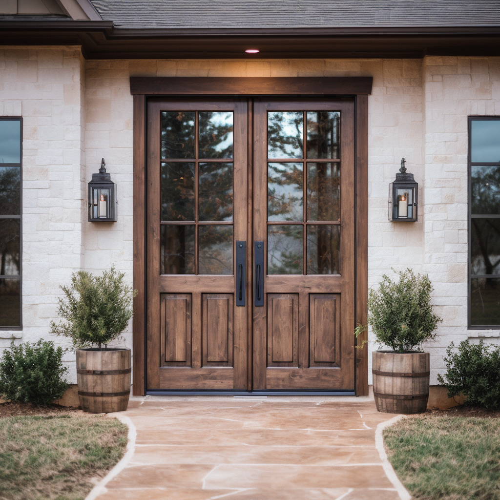 wooden alder custom handcrafted usa build double doors to one of the front doors, in the style of subtle, earthy tones, uhd image, classic americana, handcrafted beauty, natural lighting, brown and bronze