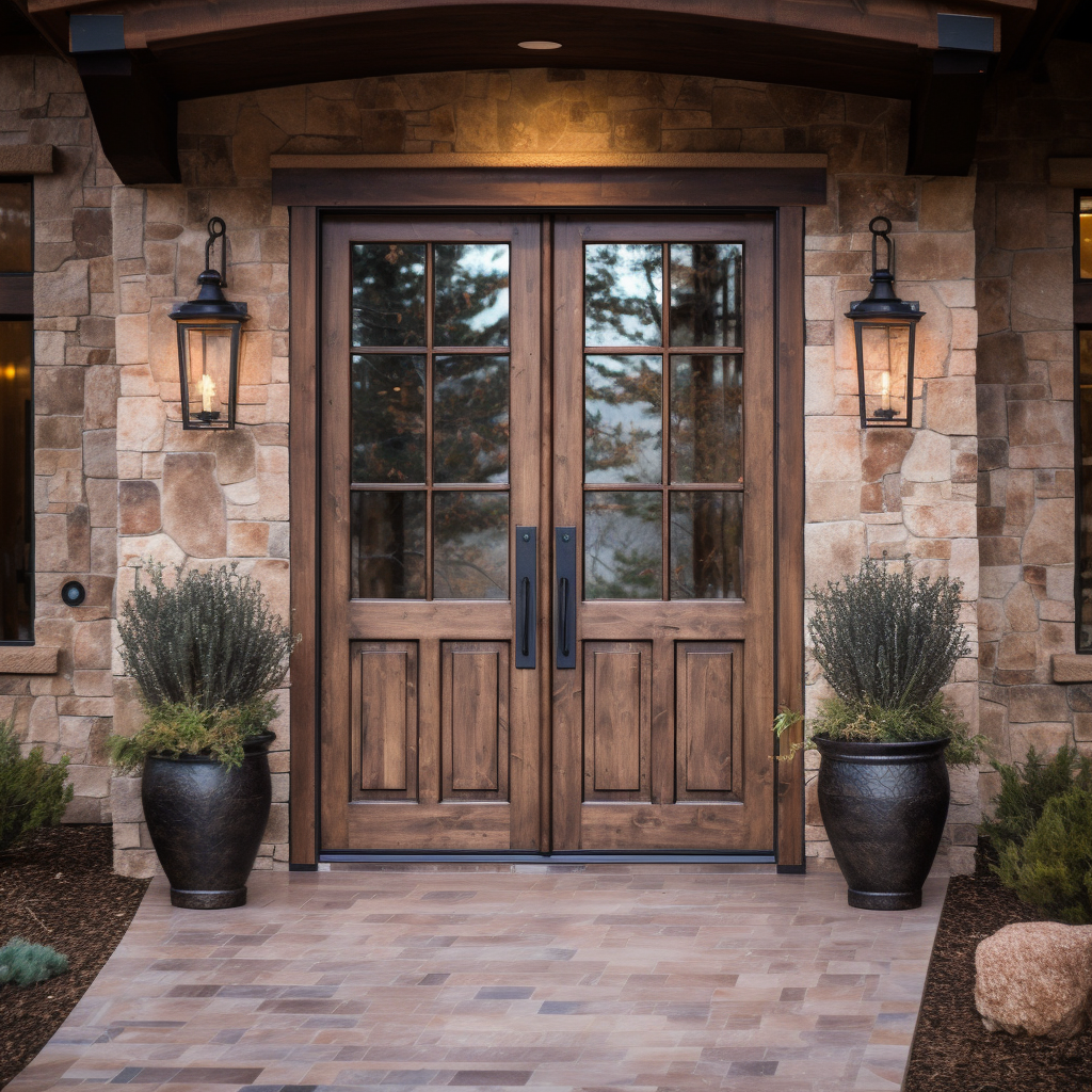 a wooden double entry door handcrafted from alder and a lighted pot, in the style of windows vista, landscape mastery, use of earth tones, 32k uhd, rustic americana, distinctive noses, timeless artistry, custom door
