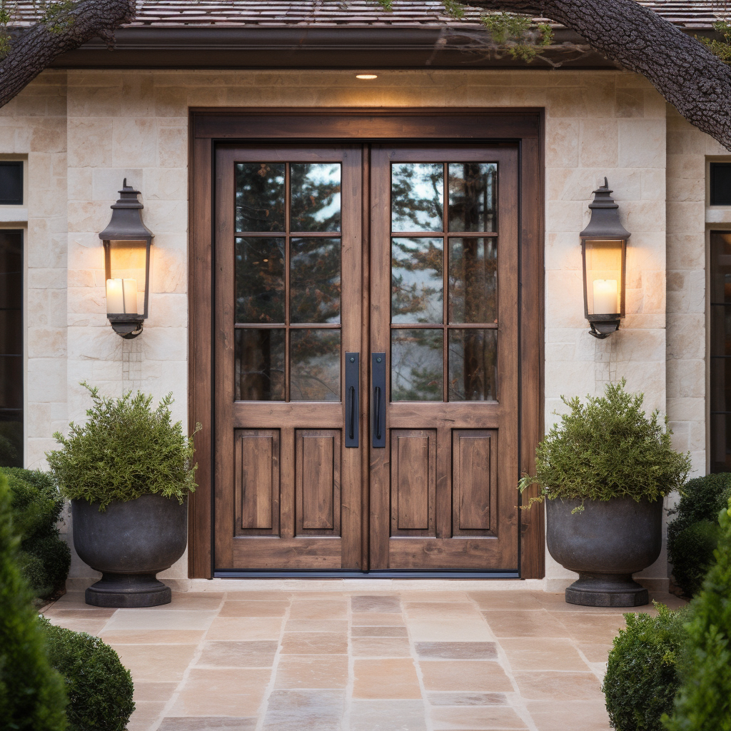 french countryside, polish craftsman, traditional custom handcrafted double alder front door entry design, in the style of mountainous vistas, symmetrical design, vignetting, use of common materials, beige, 32k uhd, natural lighting