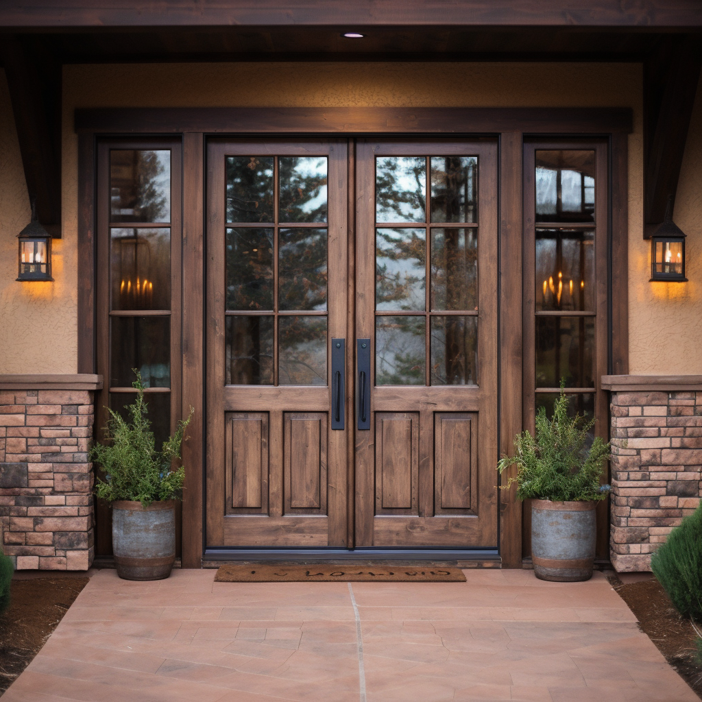 double wooden doors for a front door rustic and wooden, in the style of subtle lighting contrasts, 32k uhd, plein air landscapes, strong lighting contrasts, use of earth tones, windows vista, classic americana, double door, alder, handcrafted, usa made, made in america, sidelights, sidelite