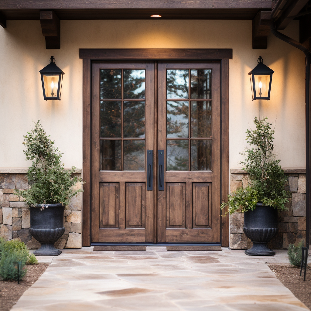 a twoway entryway with stone accents and wooden doors, in the style of plein air, uhd image, warm tones, classic americana, dark brown and bronze, mountainous vistas, bright glazes, alder double door, handcrafted custom