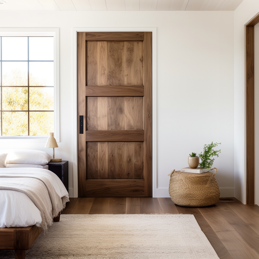 A fully customizable bespoke walnut interior door custom built by hand to order, 3 panel. Pictured in a white modern farmhouse minimalist bedroom door