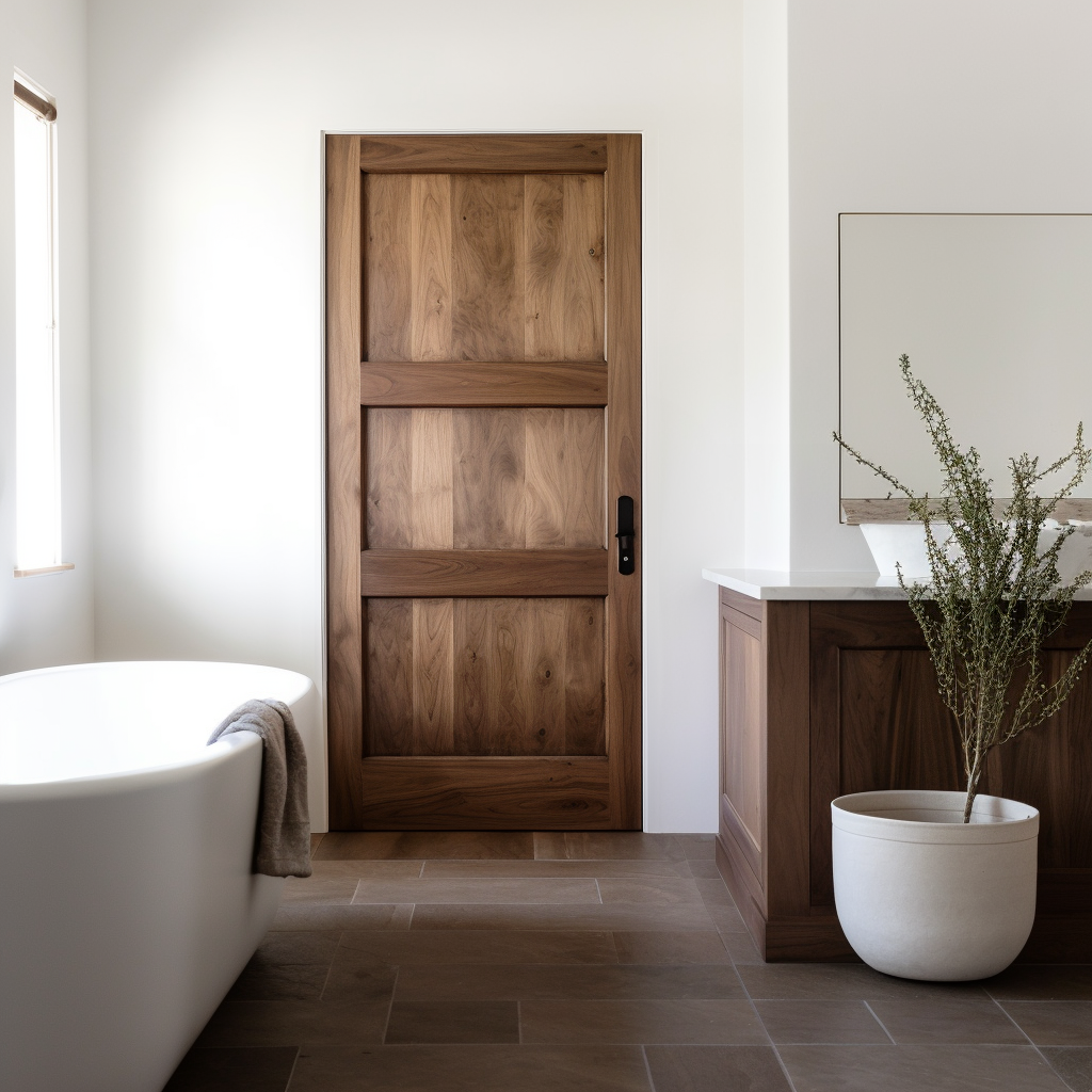 A fully customizable bespoke walnut interior door custom built by hand to order, 3 panel. Pictured in a white modern farmhouse minimalist bathroom door