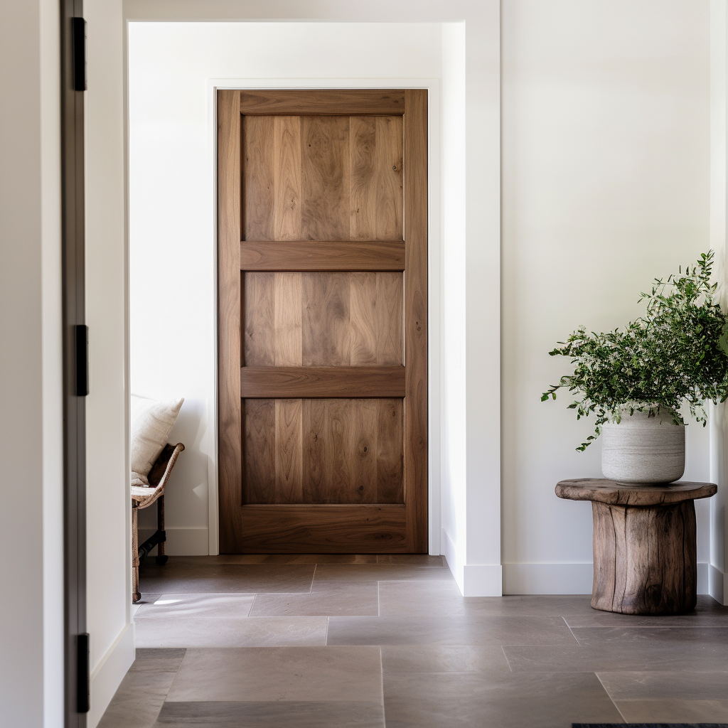 A fully customizable bespoke walnut interior door custom built by hand to order, 3 panel. Pictured in a white modern farmhouse minimalist closet hallway door