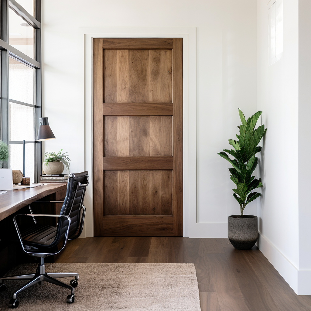 A fully customizable bespoke walnut interior door custom built by hand to order, 3 panel. Pictured in a white modern farmhouse minimalist home office door