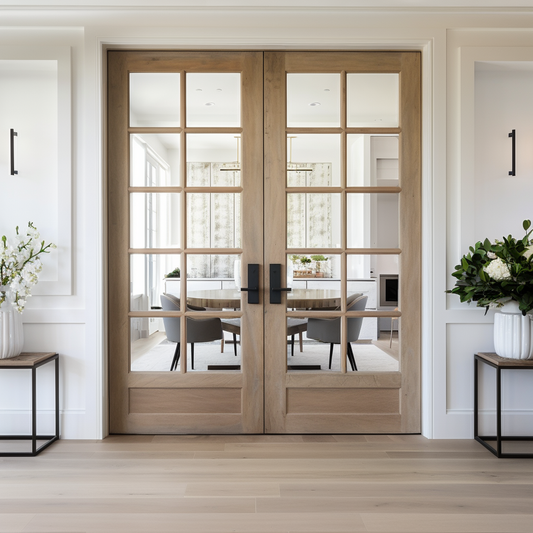Bespoke custom handcrafted solid white oak hardwood double interior door with glass. In a white modern dining room