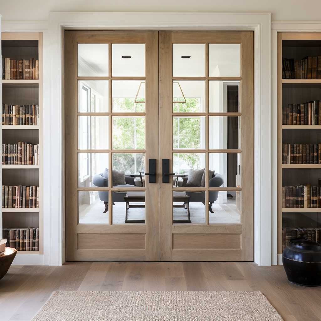 Bespoke custom handcrafted solid white oak hardwood double interior door with glass. In a white farmhouse home library