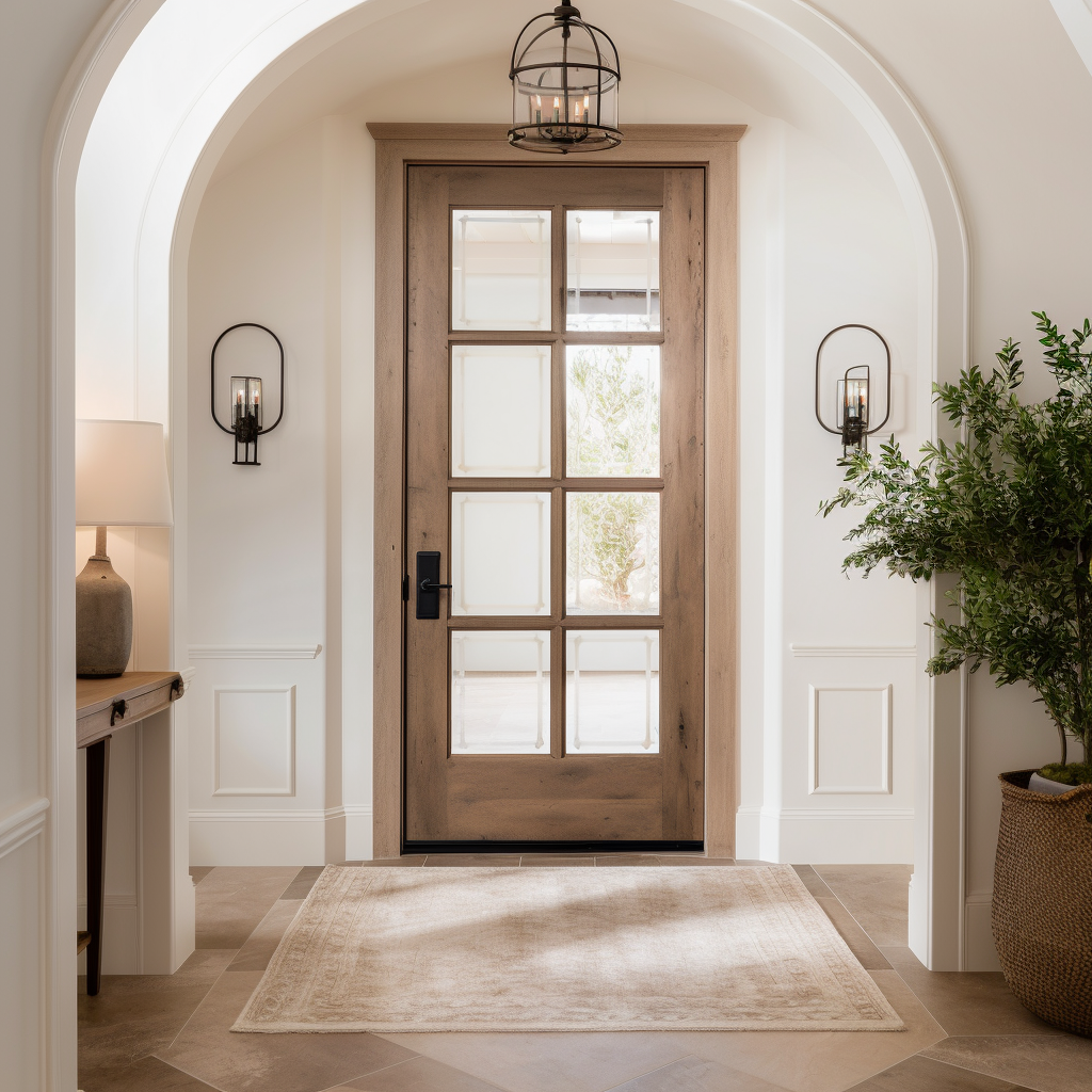 Solid custom knotty alder interior single door in a white classic hallways with arched entryway. Full light, 8 panel door.