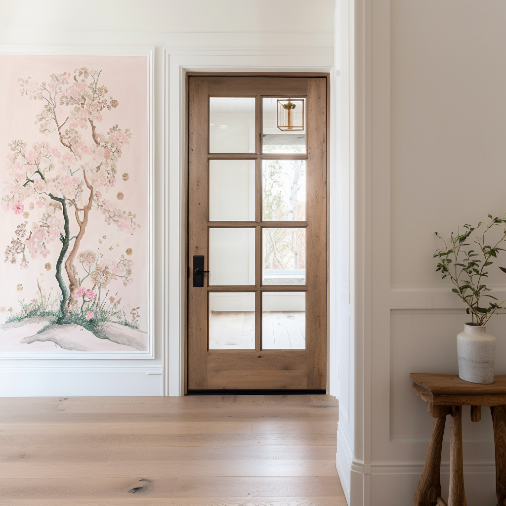 Solid custom knotty alder interior single door in a white room with beautiful asian wallpaper mural. Full light, 8 panel door.