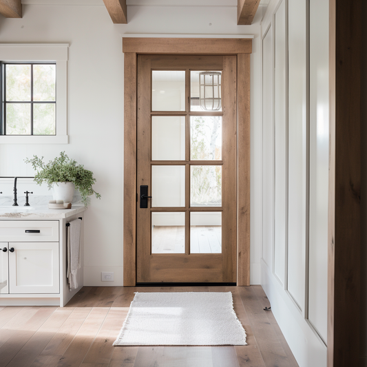 Solid custom knotty alder interior single door in a white modern farmhouse kitchen with wood beam ceiling. Full light, 8 panel door.