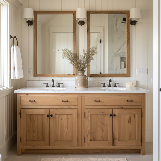 Lucas double vanity made bespoke from solid white oak custom built to order in usa, farmhouse shiplap bathroom with framed mirrors