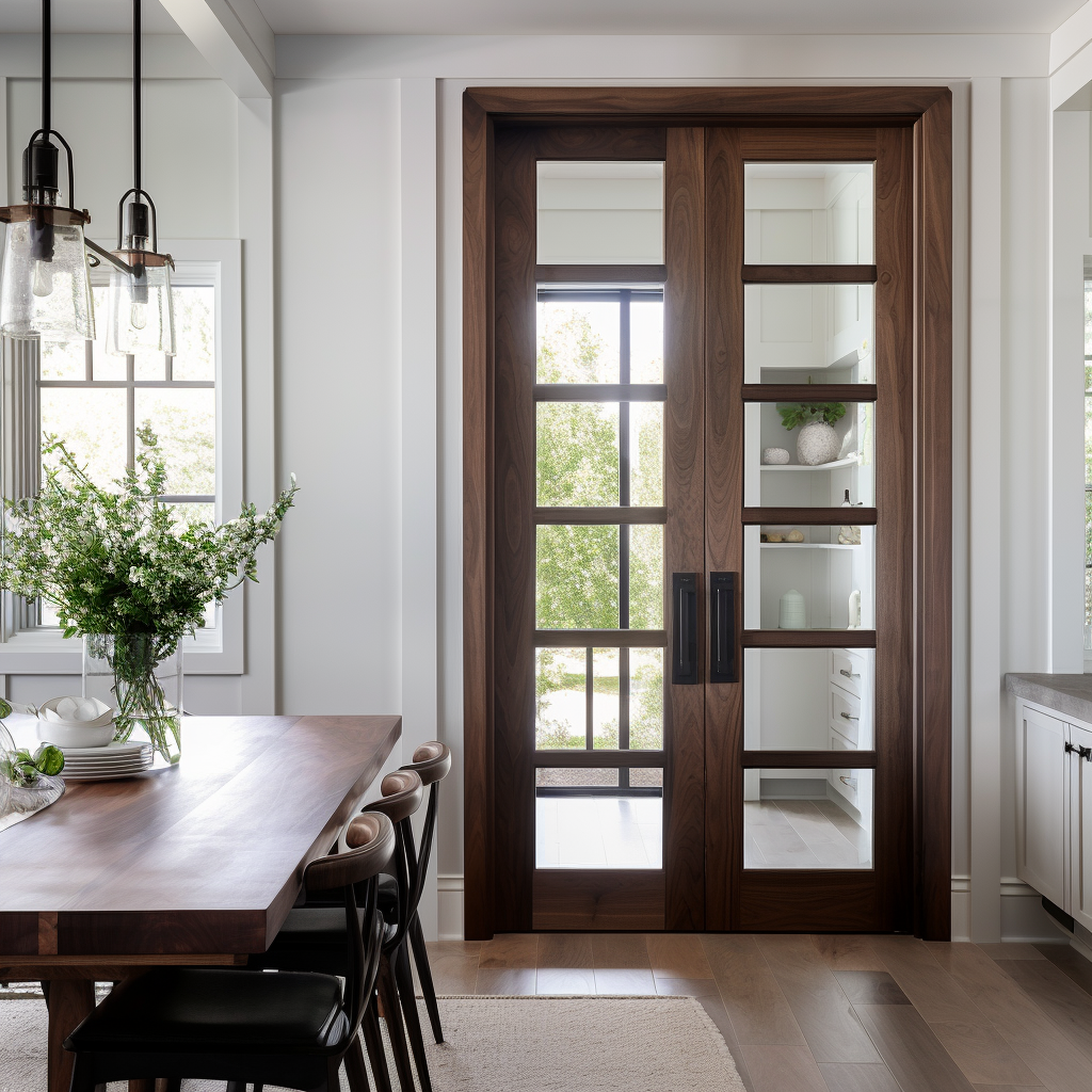 Custom bespoke handcrafted and fully customizable made in usa america walnut wood and glass double interior door. 6 light divided vertical glass. Pictured in a custom walnut modern farmhouse dining room door butler pantry.