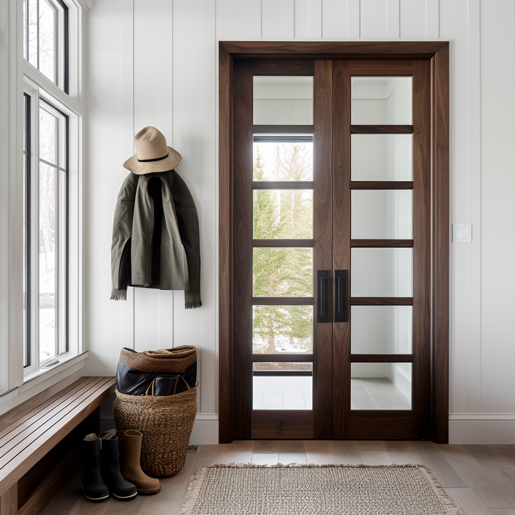 Custom bespoke handcrafted and fully customizable made in usa america walnut wood and glass double interior door. 6 light divided vertical glass. Pictured in a custom walnut modern farmhouse hallway entryway mudroom door.