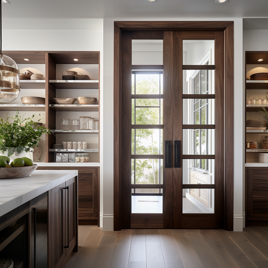 Custom bespoke handcrafted and fully customizable made in usa america walnut wood and glass double interior door. 6 light divided vertical glass. Pictured in a custom walnut modern farmhouse kitchen butler pantry door.
