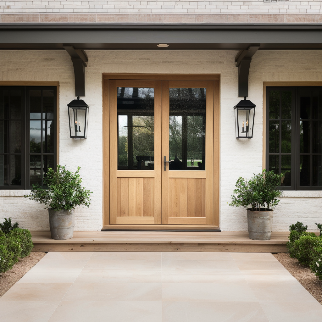 Solid White Oak Double Exterior Front Doors, Handcrafted, bespoke, clean lines, modern, shaker panel, painted white house, clean modern stone walkway, beam overhang.
