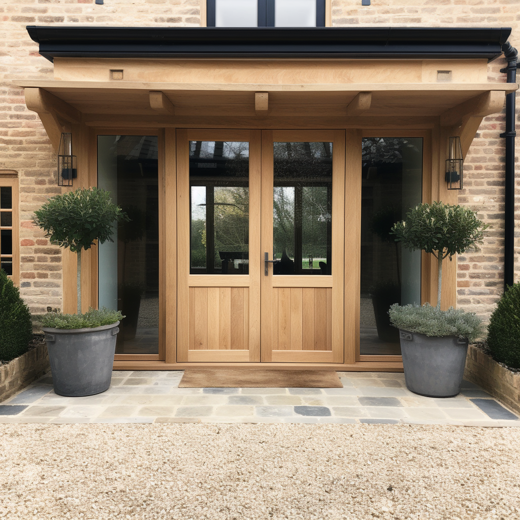 Solid White Oak Double Exterior Front Doors, Handcrafted, bespoke, clean lines, modern, shaker panel, sidelights, sidelites, brick, cottage, english, clean modern stone walkway, beam overhang.