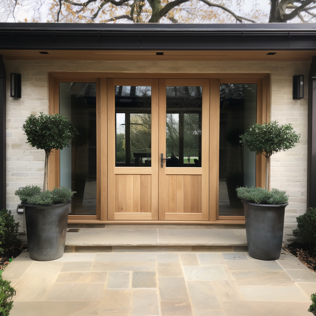 Solid White Oak Double Exterior Front Doors, Handcrafted, bespoke, clean lines, modern, shaker panel, sidelights, sidelites, painted white house, clean modern stone walkway, beam overhang, black trim