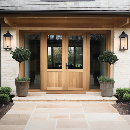 Solid White Oak Double Exterior Front Doors, Handcrafted, bespoke, clean lines, modern, shaker panel, sidelights, sidelites, painted white house, clean modern stone walkway, beam overhang.