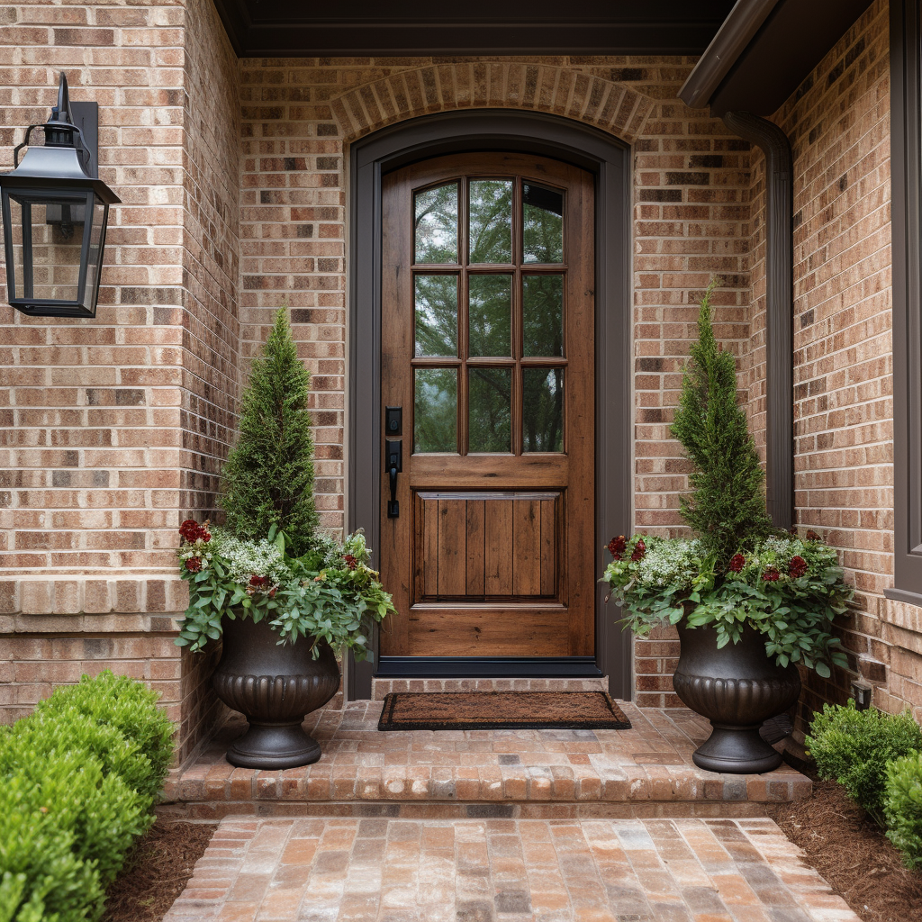 Handcrafted bespoke knotty alder and glass front exterior door, built to order, locally made and sustainable, craftsman, customizable. Pictured on a beautiful traditional brick home with brick walkway