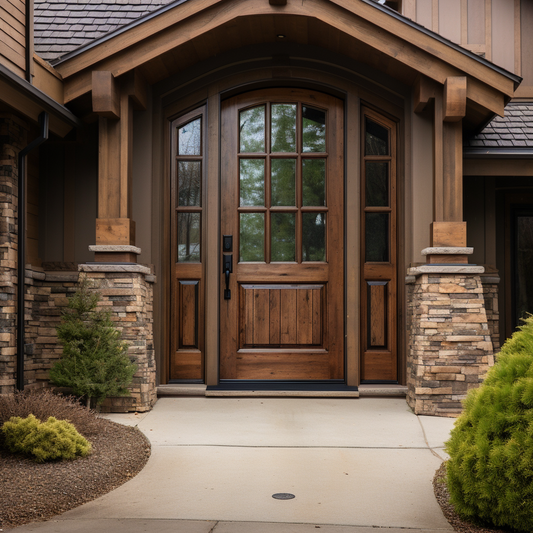 Handcrafted bespoke knotty alder and glass front exterior door, built to order, locally made and sustainable, craftsman, customizable. Pictured on a beautiful timber craftsman home with stone lower walls.