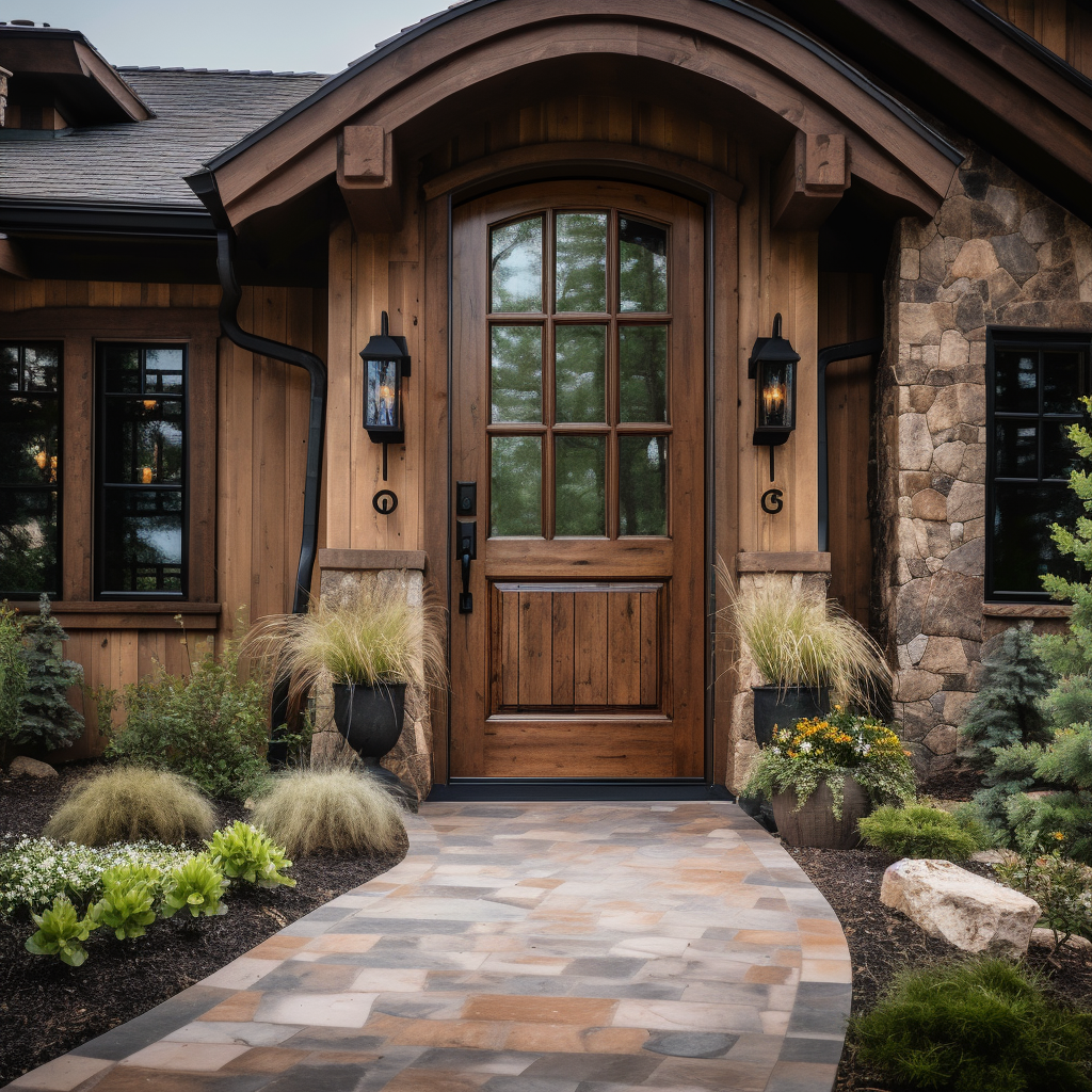 Handcrafted bespoke knotty alder and glass front exterior door, built to order, locally made and sustainable, craftsman, customizable. Pictured on a beautiful timber craftsman home with a stone wall and cottage core appeal, beautiful garden