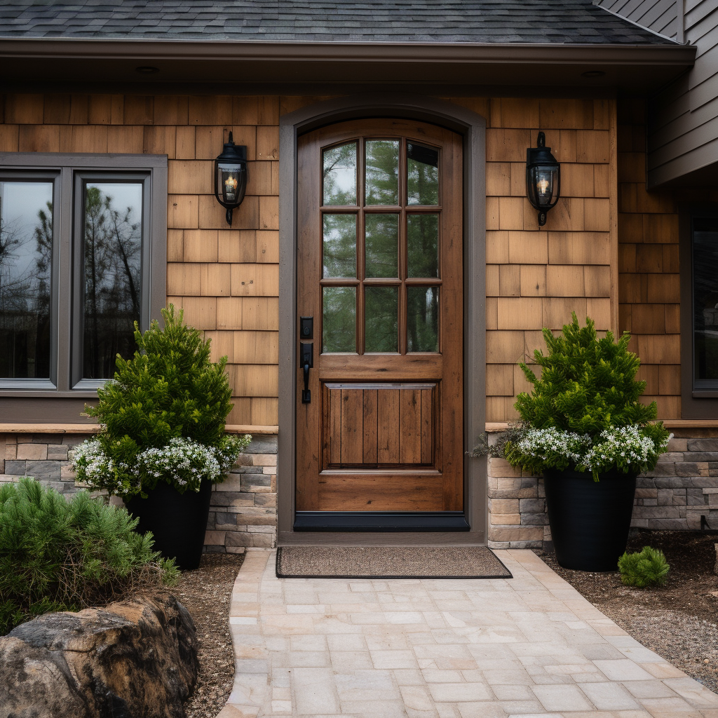 Handcrafted bespoke knotty alder and glass front exterior door, built to order, locally made and sustainable, craftsman, customizable. Pictured on a beautiful modern cottage core home with cedar siding and stone lowers