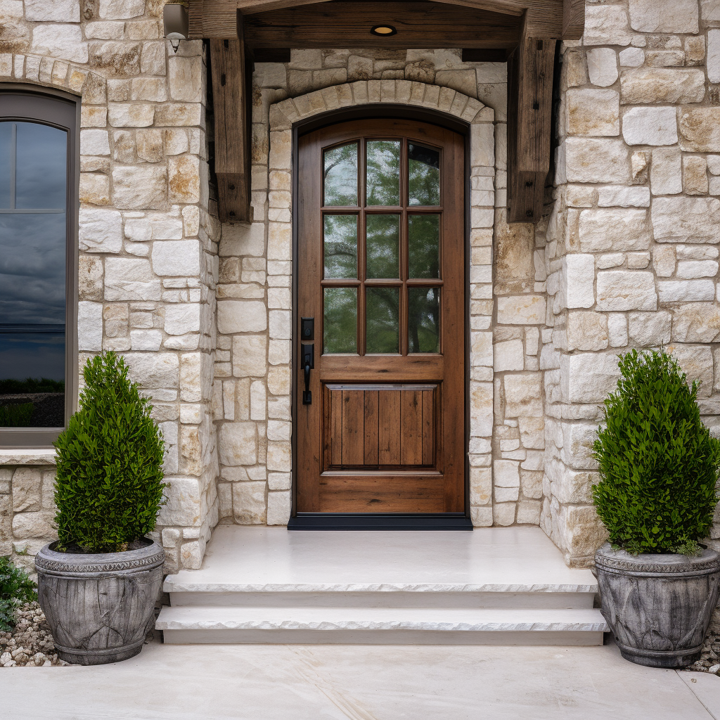 Handcrafted bespoke knotty alder and glass front exterior door, built to order, locally made and sustainable, craftsman, customizable. Pictured on a beautiful white wash stone home with timber overhang and white marble steps