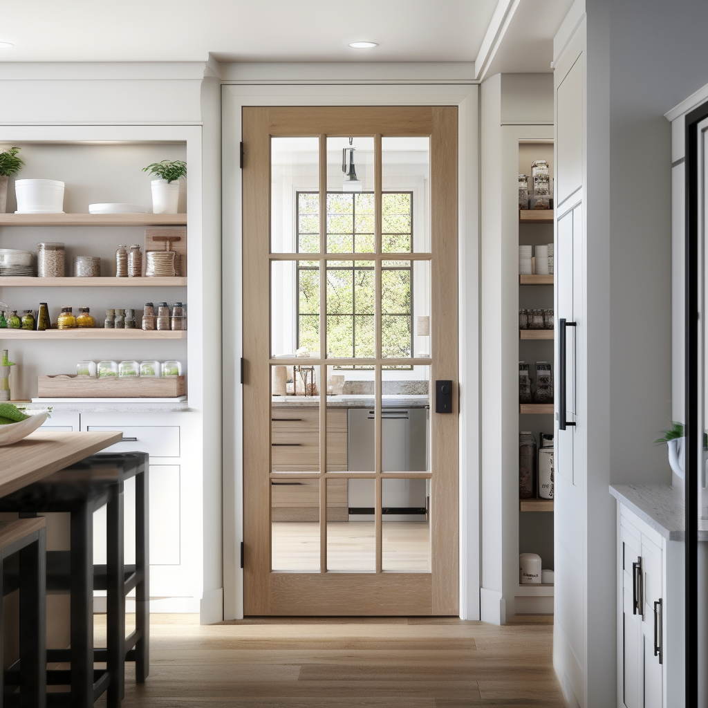 Handcrafted and built to order by skilled craftsmen, this oak and glass interior door with 12 divided lights. Pictured in a bright and light custom oak kitchen and butler pantry