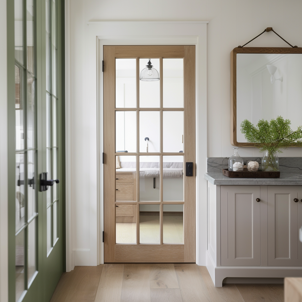 Handcrafted and built to order by skilled craftsmen, this oak and glass interior door with 12 divided lights. Pictured in a bright and light custom oak kitchen and butler pantry. Green doors. Stone backsplash.