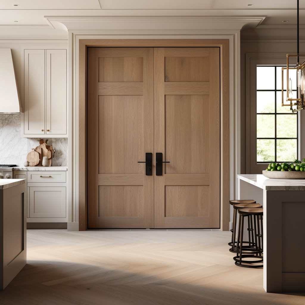 White oak, bespoke custom built to order customizable wood double interior door. Shown in a beautiful contemporary kitchen with off-white cabinets