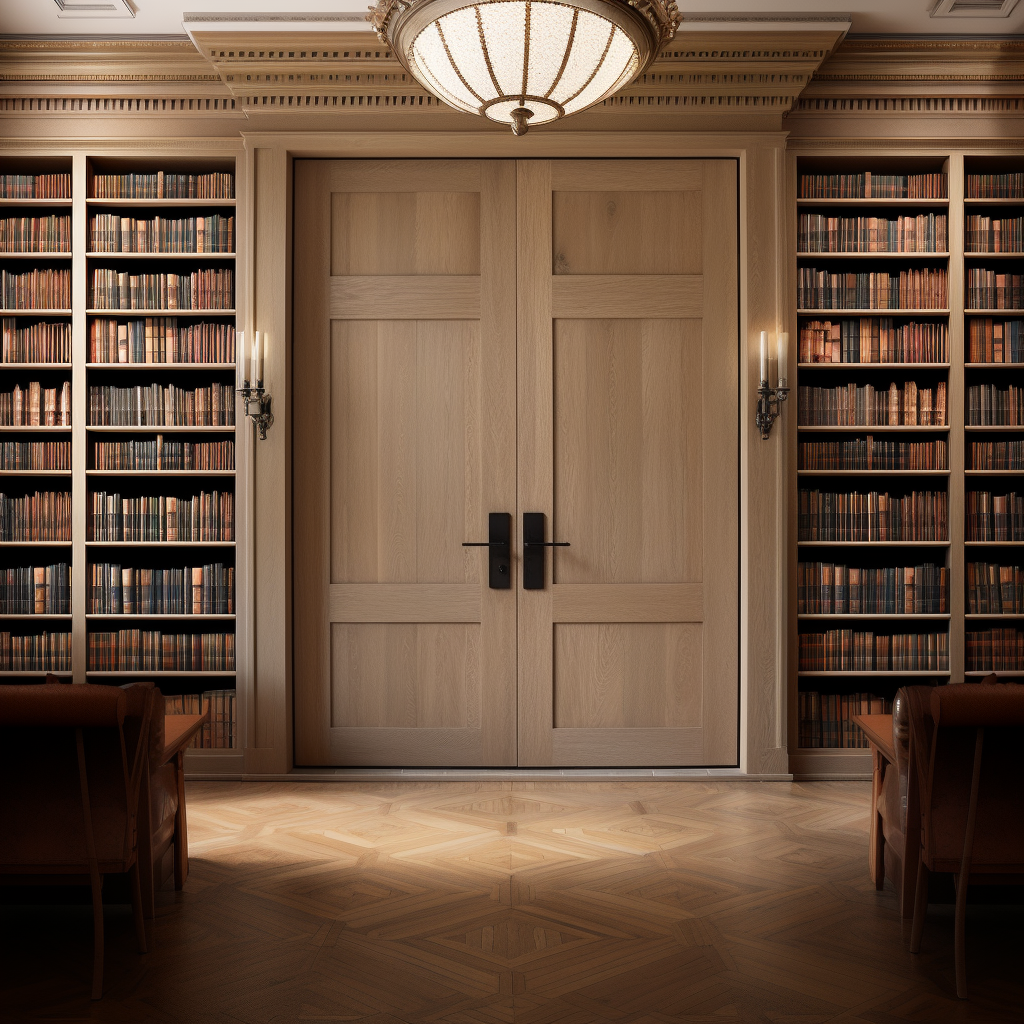 White oak, bespoke custom built to order customizable wood double interior door. Shown in a beautiful home library