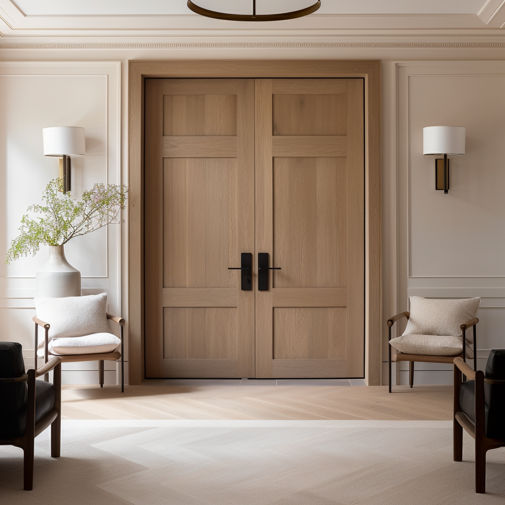 White oak, bespoke custom built to order customizable wood double interior door. Shown in a beautiful contemporary foyer, into the home office or dining room
