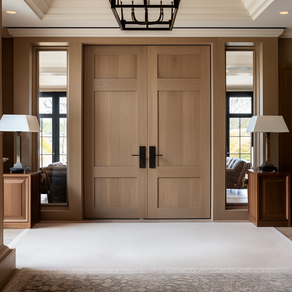 White oak, bespoke custom built to order customizable wood double interior door. Shown in a beautiful contemporary foyer into the home office