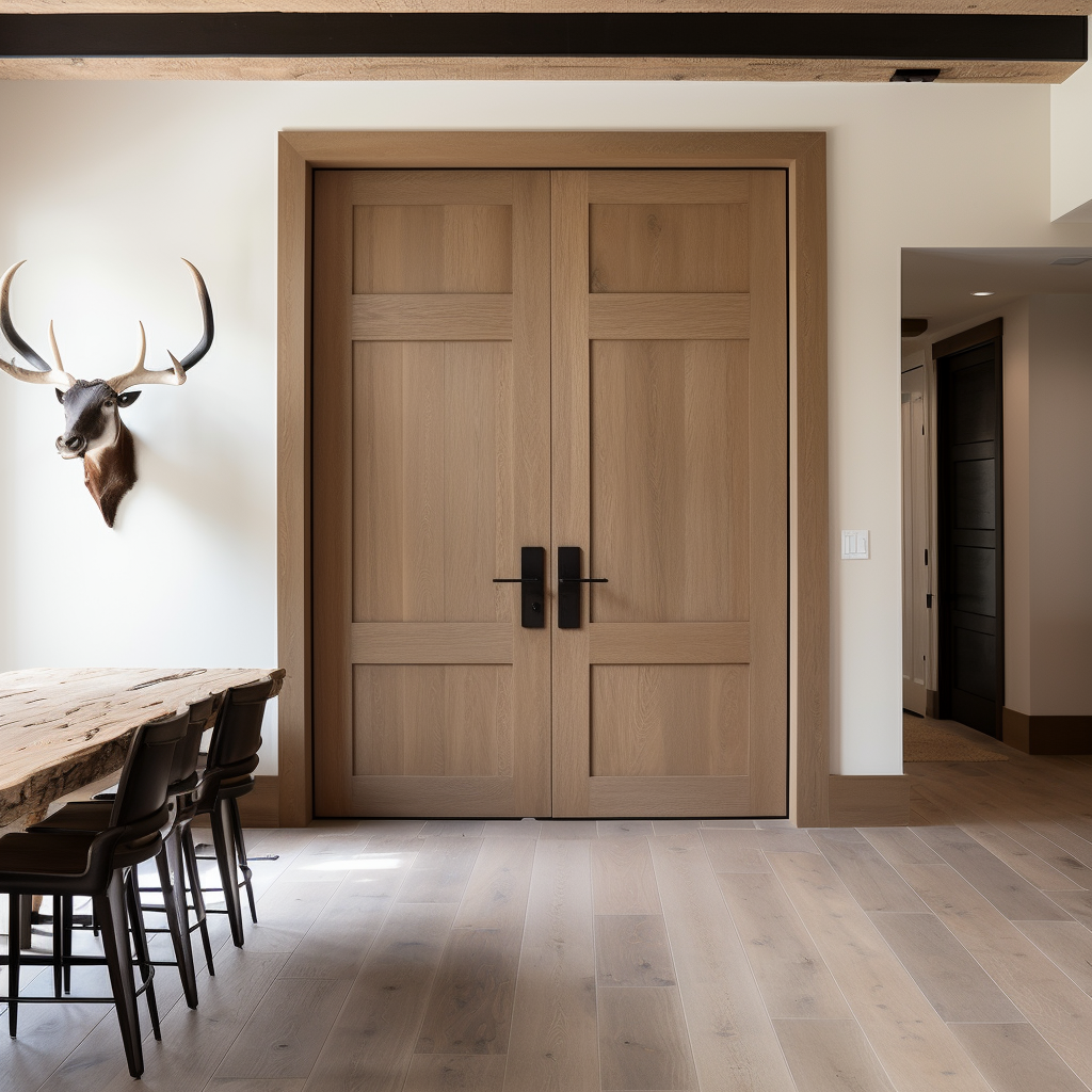 White oak, bespoke custom built to order customizable wood double interior door. Shown in a beautiful modern farmhouse dining room