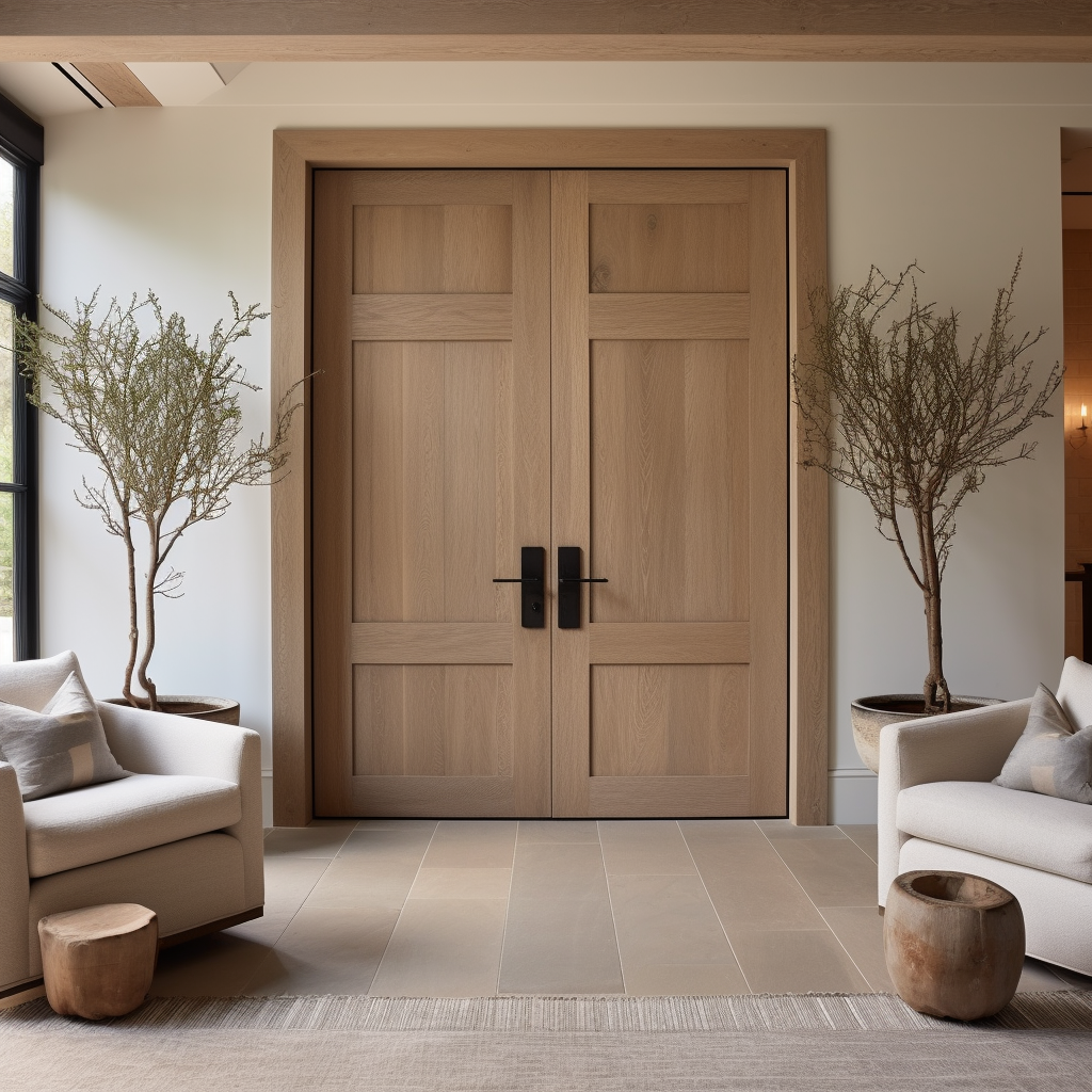 White oak, bespoke custom built to order customizable wood double interior door. Shown in a beautiful contemporary living room